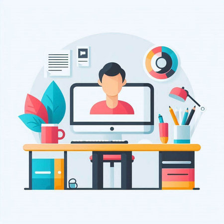 Workplace with computer. Flat design modern vector illustration concept for web banners and printed materials.のイラスト素材