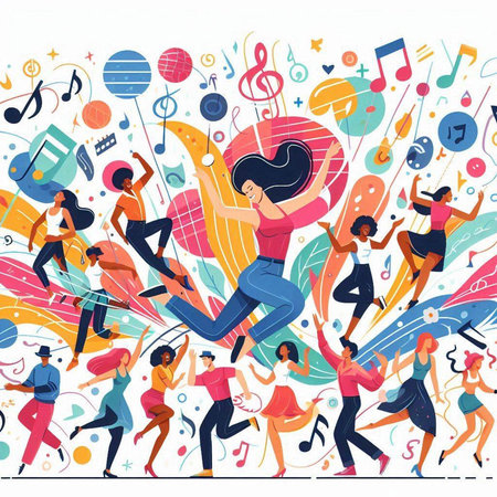 Vector illustration of a group of young people dancing and enjoying music.のイラスト素材