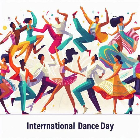International Dance Day banner with dancing people. Vector illustration in flat styleのイラスト素材
