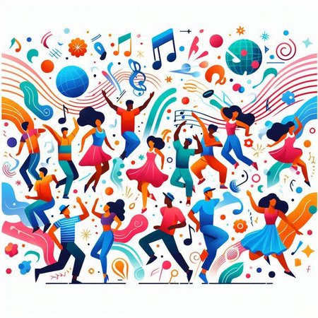 Vector illustration of people dancing and listening to music in flat style.