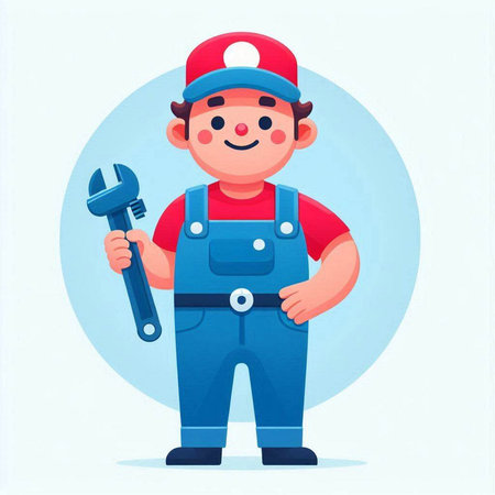 Plumber in overalls and cap with a wrench. Vector illustration.のイラスト素材