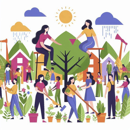 Gardening concept. Flat vector illustration of people working in garden.のイラスト素材