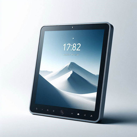 Tablet PC with mountains and blue sky on the screen, 3d illustration