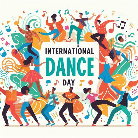International Day of Dance. Group of dancing people. Vector illustration.のイラスト素材