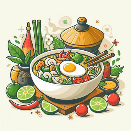 Bowl of Asian noodle soup with egg and vegetables. Vector illustration.