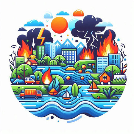 Flat design vector illustration of fire in the city on white background.のイラスト素材