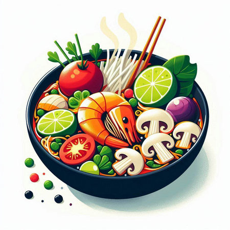 Illustration of a bowl of shrimps with vegetables and chopsticks