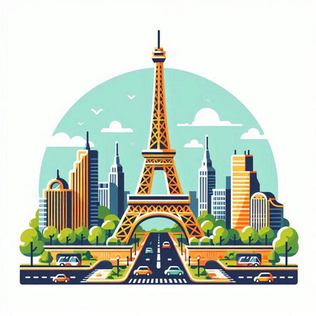 Eiffel Tower, Paris, France. Vector illustration in flat style