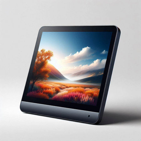 Tablet PC with autumn landscape on screen isolated on white background.