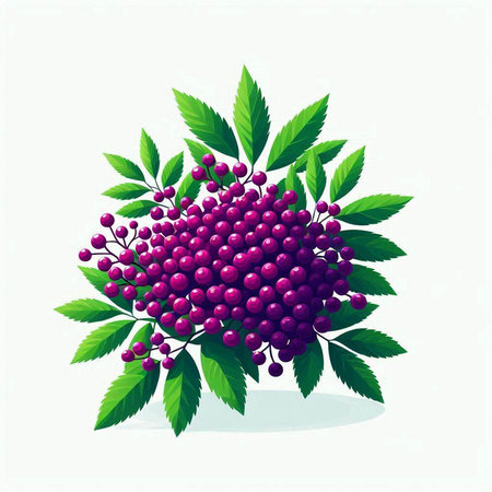 Bunch of Rowan berries with green leaves. Vector illustration.