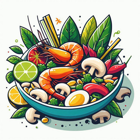 Vector illustration of a bowl of seafood salad with shrimps and vegetablesのイラスト素材