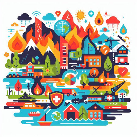 Flat design vector illustration concept of fire, natural disaster, disaster.のイラスト素材