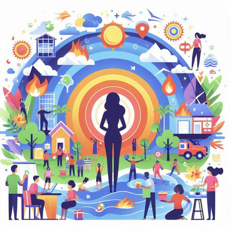 Vector illustration in flat style with people in a city park and nature.のイラスト素材