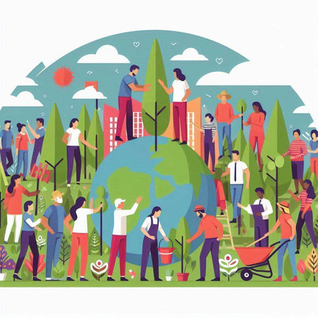 Ecology concept vector illustration. People working in the park. Flat design.