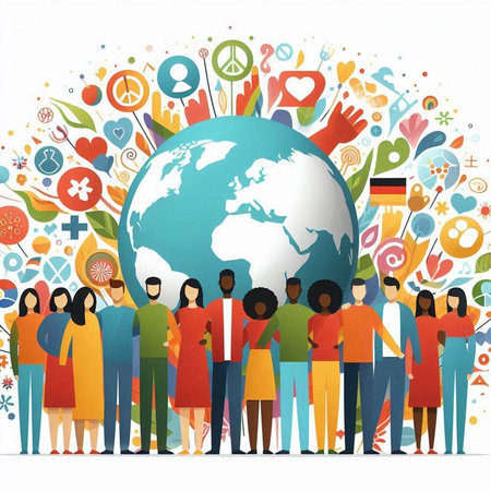 Group of people holding hands around the globe. Vector illustration. World environment day concept.のイラスト素材