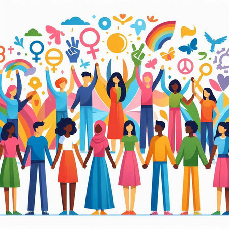 Group of diverse people holding hands. Diversity, human rights, equality concept. Vector illustrationのイラスト素材