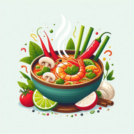 Illustration of a bowl of spicy soup with shrimps and mushroomsのイラスト素材