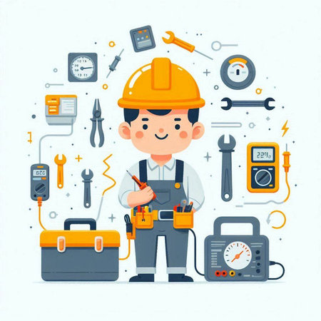 Repairman with tools. Vector illustration in a flat style.のイラスト素材