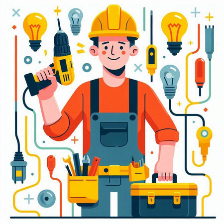 Electrician with tools. Electrician, electrician, electrician. Vector illustration