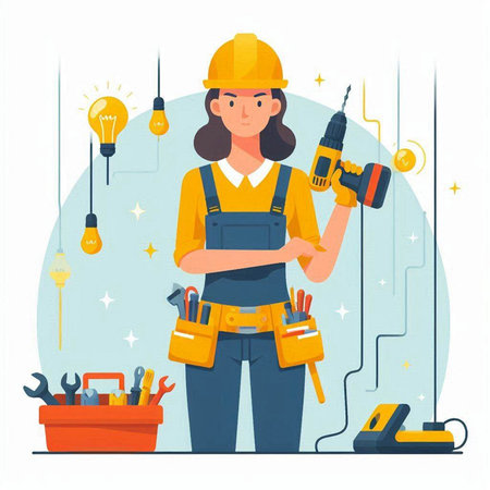 Female worker with tools. Vector illustration in flat cartoon style on white background.のイラスト素材