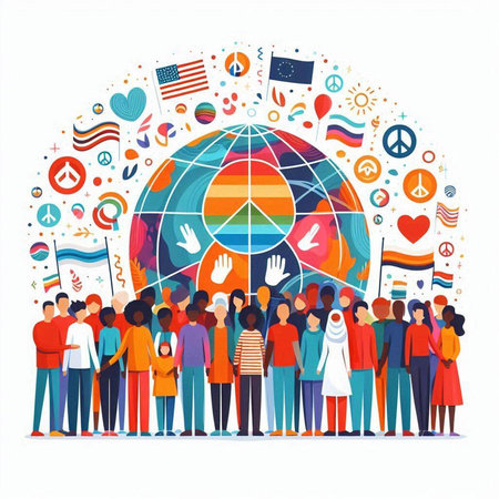 People around the globe with flags and symbols. Vector illustration in flat style