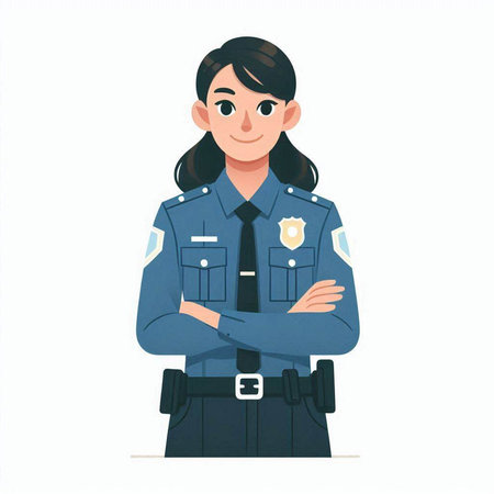 Vector illustration of a female police officer standing with her arms crossed.