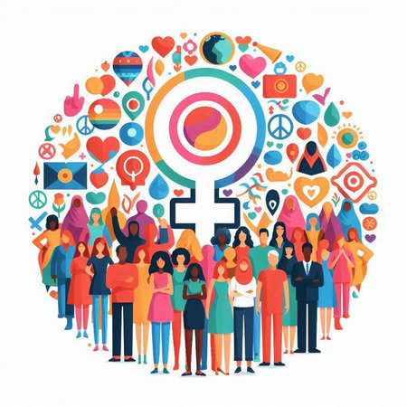 People with social media icons in circle shape. Vector illustration in flat style.のイラスト素材