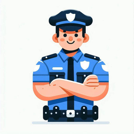 Policeman in blue uniform with crossed arms. Vector illustration.のイラスト素材