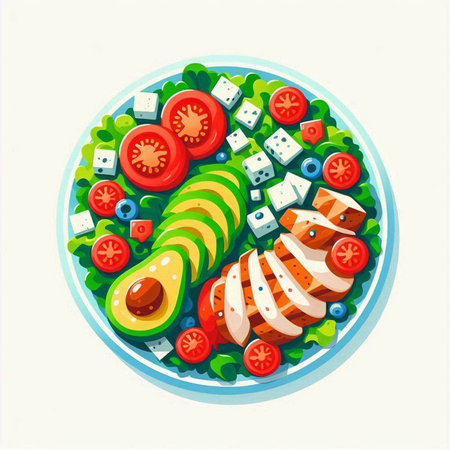Salad with avocado, tomatoes, cheese and salmon. Vector illustrationのイラスト素材