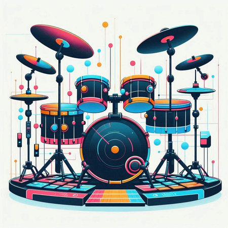 Drum kit on white background. Vector illustration in retro style.のイラスト素材