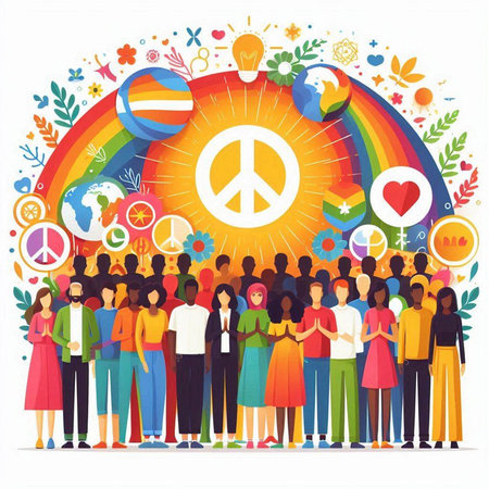 World Peace Day. Group of diverse people standing together with peace sign and symbols around them. Vector illustration.のイラスト素材