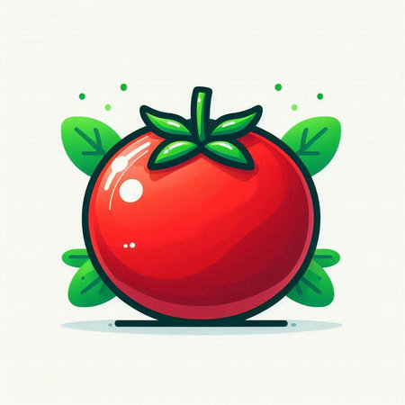 Vector illustration of fresh tomato with green leaves isolated on white background.のイラスト素材