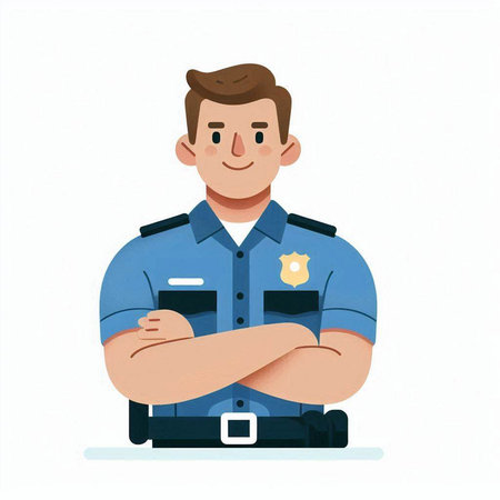Vector illustration of a policeman in a blue uniform with crossed arms.