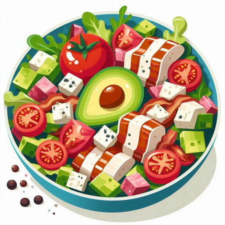 Vector illustration of salad with feta cheese, tomato, cucumber and lettuce in bowlのイラスト素材