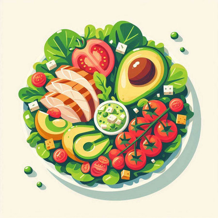 Salad with chicken, avocado, tomato and cucumber. Vector illustration.のイラスト素材