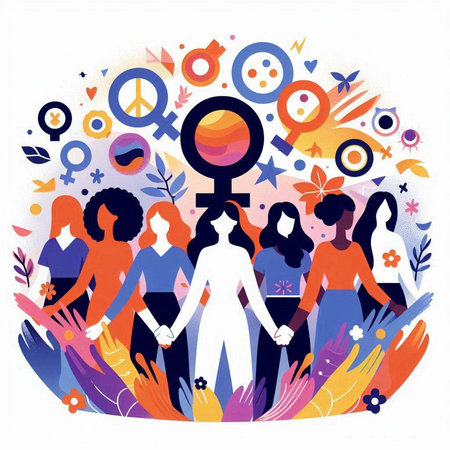 Vector illustration of a group of young women. Feminism concept.のイラスト素材