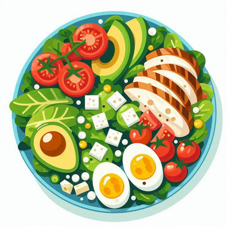 Healthy breakfast with eggs, cheese, tomatoes and avocado. Vector illustration.のイラスト素材