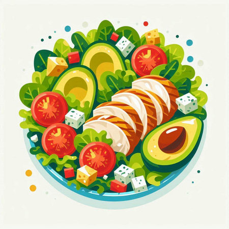 Salad with chicken, avocado, cheese and lettuce. Vector illustration.のイラスト素材