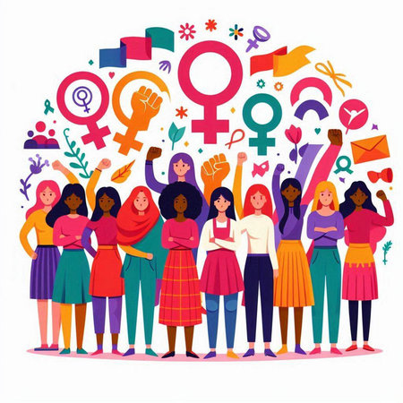 International Women's Day. Group of diverse women standing together with international symbols. Vector illustration.のイラスト素材
