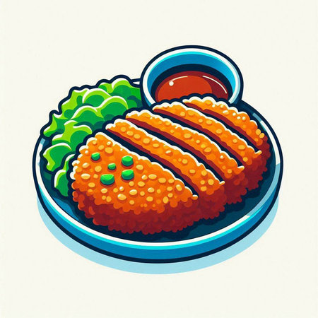 Illustration of fried fish with sauce on plate. Vector illustration.のイラスト素材