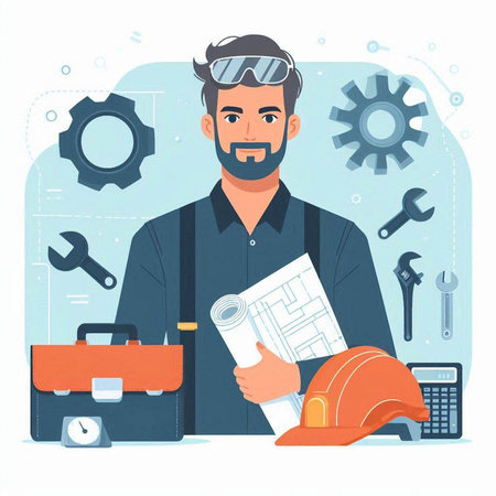 Architect with blueprint, helmet and tools. Vector illustration in flat style