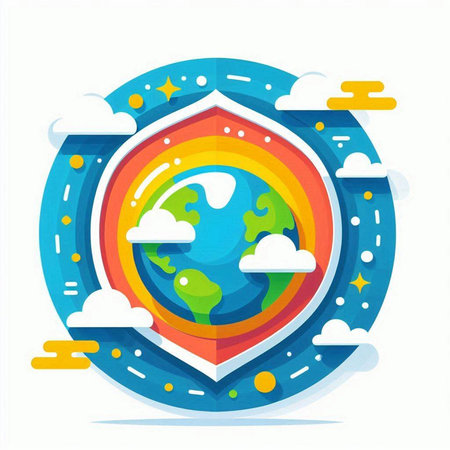 Earth planet with clouds and sun. Vector illustration in flat style.のイラスト素材