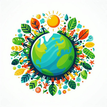Ecology concept with planet earth and floral elements. Vector illustration.のイラスト素材