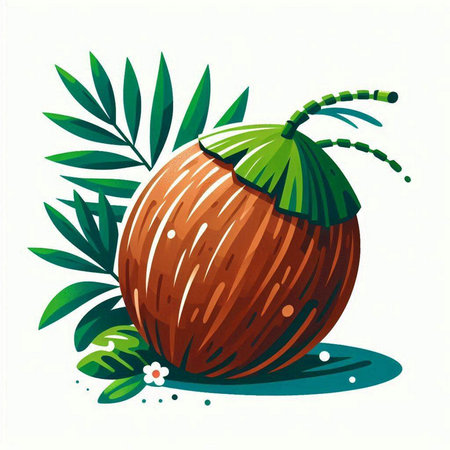 Coconut with leaves on a white background. Vector illustration.のイラスト素材
