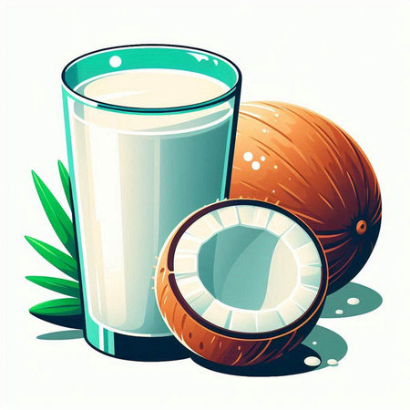 Coconut milk in a glass and whole coconut on a white backgroundのイラスト素材
