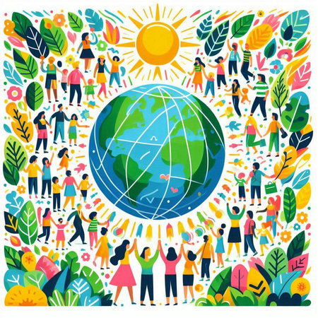 Vector illustration of World Environment Day concept with people around the globe.