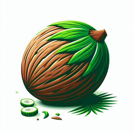 Coconut fruit with leaves on white background. Vector illustration.のイラスト素材