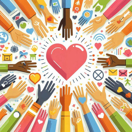 Colorful hands with heart shape and social media icons. Vector illustration.のイラスト素材