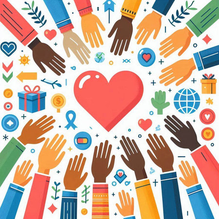 Hands of different cultures around a heart symbol. Vector illustration.のイラスト素材