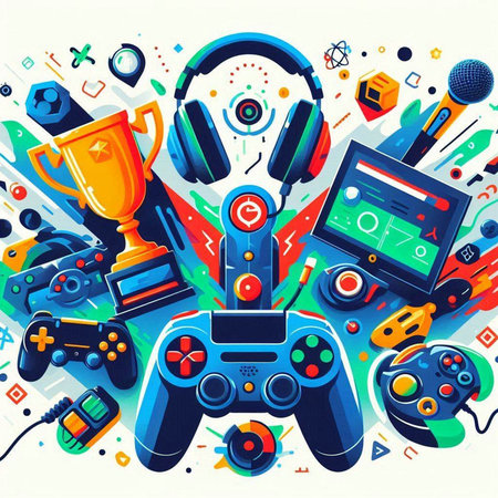 Retro style vector illustration of a video game controller, gamepad, joystick and trophy on colorful...